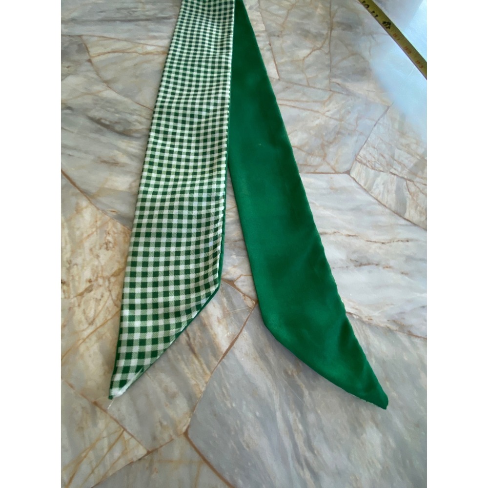 Green White Gingham Reversible Skinny Scarf Emerald Satin Hair Ribbon Necktie - Picture 7 of 9